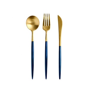 ชุดช้อนส้อมแบบแบนด้ามจับกระจกขัดเงาสีทองสไตล์วินเทจเป็นมิตรต่อสิ่งแวดล้อมทำจากสแตนเลส - Product Image 6