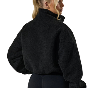 Veste Courte Femme Personnalisée en Polaire Sherpa Tricotée Noire, Chaude et Douce, à Demi-Zip, Pull Décontracté d'Hiver pour l'Extérieur, Confortable et Moelleuse avec Logo sur le Devant - Product Image 2