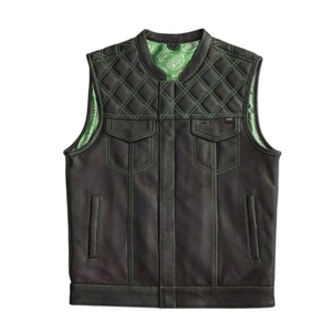 Custom Breathable Waterproof Winter Leather Biker Vest <b>Green</b> Stitching Premium Motorcycle Vest <b>Mens</b> Quilted <b>Waistcoat</b> OEM ODM - Product Image 1