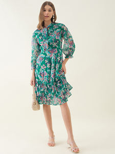 Vintage Style Green and Pink Floral Printed Fit & Flare Women <b>Dress</b> <b>for</b> Party Wear <b>Wedding</b> Event Retro Fashion Usage - Product Image 4