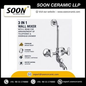Mitigeur mural triple poignée en laiton finition chromée, à angle en L, pour arrangement de douche téléphonique suspendu, modèle 115 pour hôtels - Product Image 4