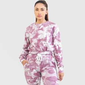 Ensemble de survêtement tie-dye pour femme, manches longues, col rond, pantalon à cordon de serrage, tenue décontractée d'automne, 100% coton, couleur dégradée, jogging - Product Image 2