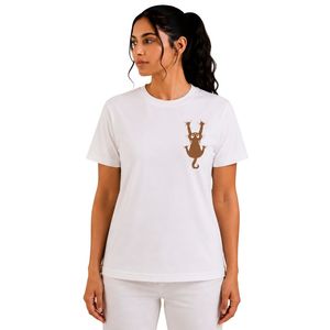 Camiseta Blanca Personalizada para Mujer con Estampado Gráfico de Gato, Manga Corta, Cuello Redondo, Top Informal de Tela Suave, Ropa de Moda de Verano - Product Image 1