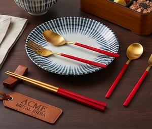 Red Handle Cutlery <b>Set</b> With Chopstick And Matte Gold PVD Head For Outdoor Dining Office <b>Lunch</b> Camping Wedding And Travel - Product Image 3
