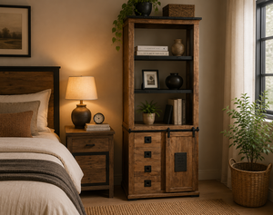 <b>Rustic</b> Wood <b>Wardrobe</b> with Sliding Door 4 Drawers 3 Shelves Storage Bedroom Furniture Freestanding Solid Wood Design - Product Image 2
