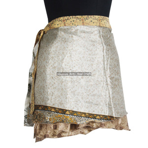 Beach Swimwear Silk Wrap Around Two Layer Reversible Mini Skirt Women's Hippy Silk Sari Magic Wrap Skirt Casual Vintage Style - Product Image 1