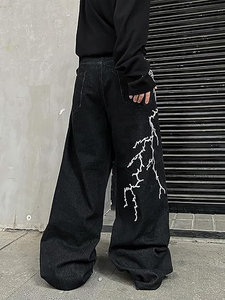 Men’s Hip Hop Embroidered Baggy Jeans – Loose Fit Black Denim <b>Pants</b>, Streetwear Wide Leg Trousers for Men - Product Image 2
