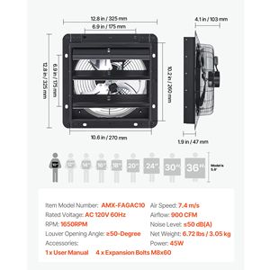 Ventilatore di scarico da 10 pollici con serranda e regolatore di velocità variabile, montaggio a parete, per soffitta, 900 CFM, motore AC, acciaio resistente per hotel e camper - Product Image 4