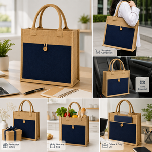 กระเป๋าช้อปปิ้งผ้าปอกระเจา ขนาดกลาง สีกรมท่า ปิดด้วยกระดุม หูหิ้วยาว ใช้ได้ทุกวัน - Product Image 4