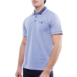 Chemise Homme Bleue en Coton Tricoté avec Col Contrastant et Poche, Manches Courtes Élégantes, Respirante, Décontractée, Couleur Unie pour le Haut - Product Image 1