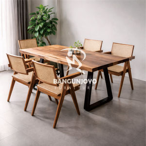 Teak Wood Dining Chairs Rattan Seats Backrests Suar Wood <b>Table</b> Iron <b>Legs</b>-Dining Room Set for Hotel Use Modern Minimalist Design - Product Image 4