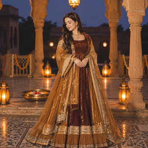 Elegante Vestido Maxi Pakistaní Marrón Dorado para Mujer |   Vestido Anarkali de Fiesta Bordado de Lujo - Product Image 5