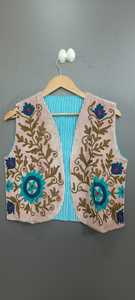 Gilet rose pour femme, brodé à la main, à col en V, style bohème, vêtement d'extérieur, 100% coton - Product Image 3