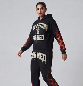 Conjunto de Sudadera con Capucha y Pantalones Deportivos para Mujer con Cremallera, Bordado Desgastado, Hombros Caídos y Sublimación - Product Image 4