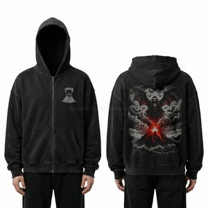 Wholesale Men Vintage Grey Hoodie Custom Skeleton Wing Graphic Pullover Heavy Fleece Streetwear Fashion Hooded Sweatshirt OEM - Product Image 2