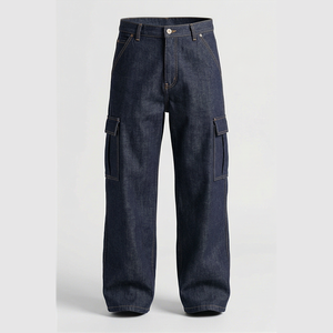 Pantalones Cargo de Mezclilla para Hombre, Cintura Alta, Lavado Oscuro, Corte Holgado, Estilo Utilitario, Jeans Casuales de Otoño - Product Image 1