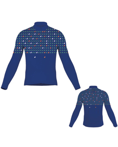 <b>Men's</b> <b>Long</b> <b>Sleeve</b> <b>Cycling</b> <b>Jersey</b> Geometric Print Blue With White Orange Teal Triangles Full Zip Front And Back View - Product Image 1