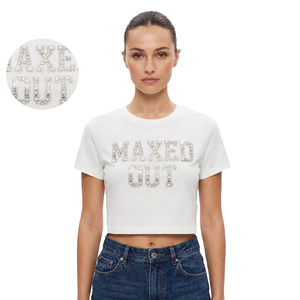 OEM White Crop <b>Top</b> <b>Rhinestone</b> Letter Printed Crew Neck Short Sleeve Slim Fit 100% Cotton Diamonds Blouse Custom Graphic Tee Y2K - Product Image 1