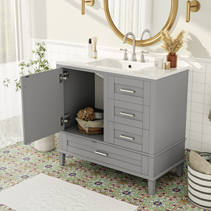 Modern 36\" Bathroom Vanity Storage Cabinet with Solid Pine Frame 1 Soft-Close Door 3 Drawers - Product Image 2