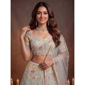 Magnifique Lehenga Choli de soirée en tulle blanc cassé à sequins - Product Image 3