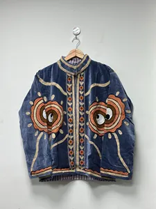 Veste en velours bleu premium brodée Suzani avec motif œil, manches longues, col montant, style bohème, manteau d'hiver pour femme - Product Image 1