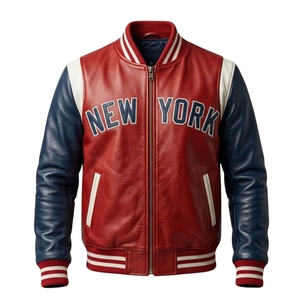 <b>Men's</b> <b>Summer</b> Leather Varsity <b>Jacket</b> & <b>Bomber</b> Coat-Red Blue & White NYC Skyline Design Windproof & Breathable - Product Image 3