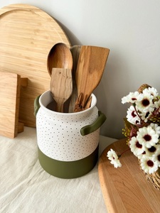 Pot de rangement pour ustensiles en céramique bicolore, finition mouchetée, avec poignée latérale, haute résistance, pour comptoir de cuisine - Product Image 5
