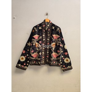 Traditional Black <b>Velvet</b> Quilted <b>Women's</b> Hand Embroidered Floral Bomber Jacket Nylon Wool Mandarin Collar Full Sleeve Autumn - Product Image 3