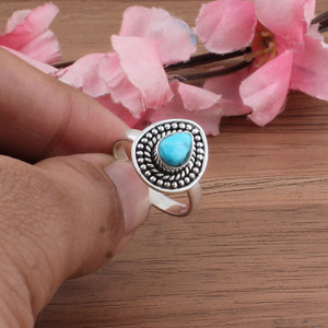 925 Sterling <b>Silver</b> Bezel Setting Turquoise Brilliant Cut Handmade Classic Boho Dainty <b>Solitaire</b> <b>Ring</b> Women's Third Party - Product Image 1
