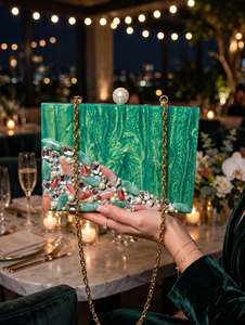 <b>Green</b> White Resin Vintage <b>Clutch</b> <b>Bag</b> Women Elegant Evening Party with Lock Closure Waterproof Gold Chain Strap - Product Image 2
