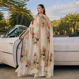 Floral Printed Cotton <b>Cape</b> Dress Set <b>Women</b> Elegant Ethnic Partywear Designer Longline Outfit Islamic Embroidery Quick One Set - Product Image 1