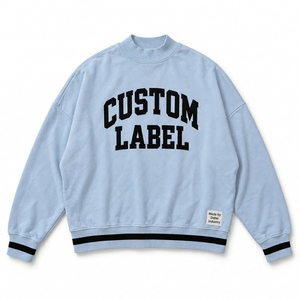 High neck ribbed sweatshirt Drop shoulder <b>fleece</b> <b>jumper</b> Custom patch embroidered pullover Vintage striped hem sweater Heavy - Product Image 3