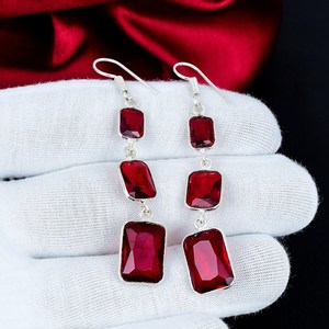 Pendientes Colgantes de Plata de Ley 925 con Tres Piedras de Granate Rojo de Alta Calidad RUHAN GEMS ER-0349, Joyería con Gemas Facetadas - Product Image 6
