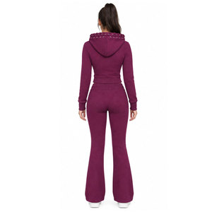 Women's <b>Burgundy</b> Hooded Tracksuit Full Length Zipper Fly Side Pockets Casual Style Solid Color Regular Fit Autumn Wear - Product Image 4