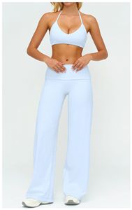 Light <b>Blue</b> Solid Spandex/Nylon Seamless Yoga Leggings Set Women High Waist Full Length Breathable Sports <b>Bra</b> Cross Back Athletic - Product Image 3