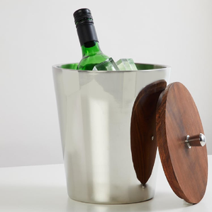 Sleek polished steel wine chiller featuring natural dark wood <b>lid</b> for a rustic touch For Champagne and Party Events At Wholesale - Product Image 1