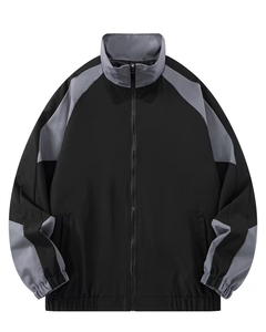Men's Black Bomber Jacket Solid Color Zipper Closure Stand Collar Casual Windproof Polyester Autumn Wear - Product Image 2