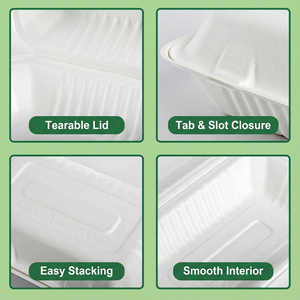 Boîtes alimentaires à clapet compostables, étanches et robustes 9x6 en bagasse, avec couvercles jetables pour restaurants - Product Image 5
