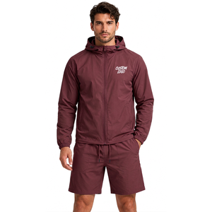 Ensemble veste coupe-vent et short en polyester personnalisé pour homme, léger, deux pièces, tenue streetwear avec logo brodé et taille élastique - Product Image 1