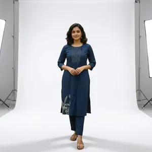 Cotton Embroidered Kurta With <b>Three</b> Quarter Sleeves Crew Neck Loose Fit Casual Daily Wear - Product Image 1