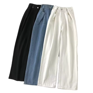 Jeans de Mujer con Paneles Blancos y Negros, Plisados, de Pierna Ancha, de Algodón, Corte Holgado, Estilo Casual, Multicolor - Product Image 1