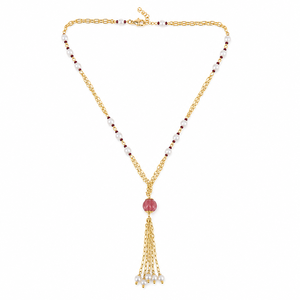 Custom Rhodium Plated <b>Necklace</b> Freshwater Pearl Red <b>Ruby</b> Melon Bead Station Y Lariat Pearl Tassel Drop Chain Women Luxury Gift - Product Image 3