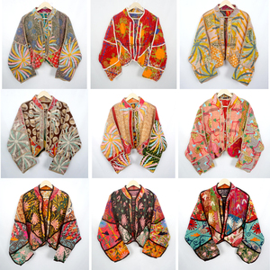 Handmade Vintage 100% Cotton Kantha Quilted Breathable Nonwoven <b>Jacket</b> Block Print Floral Design <b>Mandarin</b> <b>Collar</b> Winter Summer - Product Image 1