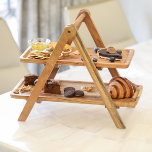 Plateau de service alimentaire en bois d'acacia, 2 niveaux, pliable, fabriqué au Vietnam, vente en gros B2B - Product Image 2