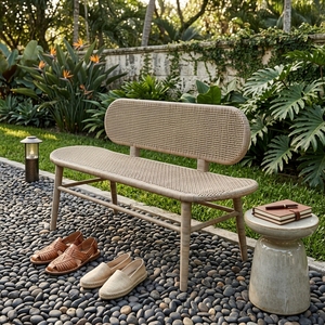 New Modern Minimalist Ciaro Wooden <b>Bench</b> Natural Solid Teak Wood Red Pulut Rattan Webbing Long <b>Bench</b> Dining Chair Patio Garden - Product Image 4
