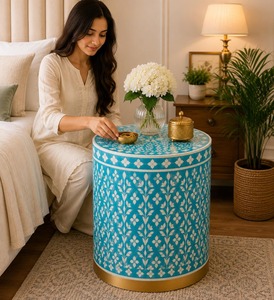 Tabouret pliant moderne fait main de haute qualité avec incrustations en os, style tambour, ottoman de ferme indien poli pour la décoration du salon et de la chambre - Product Image 5