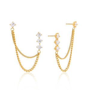 Modernos Pendientes de Cadena de Acero Inoxidable Chapados en Oro de 18K con Borla de Circonitas para Perforación Doble - Product Image 1