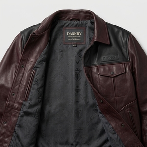 Maroon Wine Red Real Genuine Leather <b>Trucker</b> <b>Jacket</b> Black Patchwork Front Flap Pocket Snap Button Outerwear Coat - Product Image 5