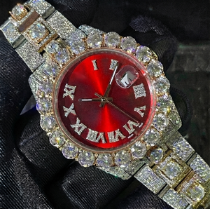 Reloj de Lujo con Esfera Roja y Pedrería, Movimiento de Cuarzo Analógico, Números Romanos, Correa de Acero Inoxidable, Cierre Desplegable, 40 mm - Product Image 1