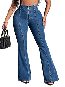 YUANBOFEI Nouvelle Collection Jean Femme Bleu Denim Coupe Droite Taille Mi-Haute Extensible avec Empiècements Avant et Arrière 100% Coton Respirant - Product Image 5